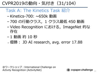 CVPR2019の動向・気付き（31/104）
77
• Task A: The Kinetics Task 紹介
– Kinetics-700: ~650k 動画
– 700 の⾏動クラス，1 クラス最低 450 動画
– Video Recognition における，ImageNet 的な
存在
– 1 動画 約 10 秒
– 優勝： JD AI research, avg. error 17.88
@ワークショップ：International Challenge on
Activity Recognition (ActivityNet)
 