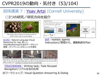 CVPR2019の動向・気付き（53/104）
99
●招待講演 7：Yoav Artzi (Cornell University)
○3つの研究／研究⽅向を紹介
NLVR2：Natural Language Visual
Reasoning for real; 新しい
VisualReasoningのためのデータセット
提案；キャプションが正しいかを推定
TOUCHDOWN：Writing task; Task-focused
Navigation;リアル⽣活の応⽤
drif：realistic agents
instructionと環境から，運動軌跡をPlan
@ワークショップ: Visual Question Answering & Dialog
 