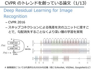 CVPR のトレンドを創っている論⽂（1/13）
• Deep Residual Learning for Image
Recognition
– CVPR 2016
– スキップコネクションによる残差を次のユニットに渡すこ
とで，勾配消失する...