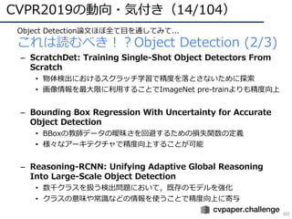 CVPR2019の動向・気付き（14/104）
60
• Object Detection論⽂ほぼ全て⽬を通してみて...
• これは読むべき！？Object Detection (2/3)
– ScratchDet: Training Sin...