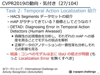CVPR2019の動向・気付き（27/104）
73
• Task 2: Temporal Action Localization 紹介
– HACS Segments データセットの紹介
– mAP がサチってきている？指標としてどうなの？
...