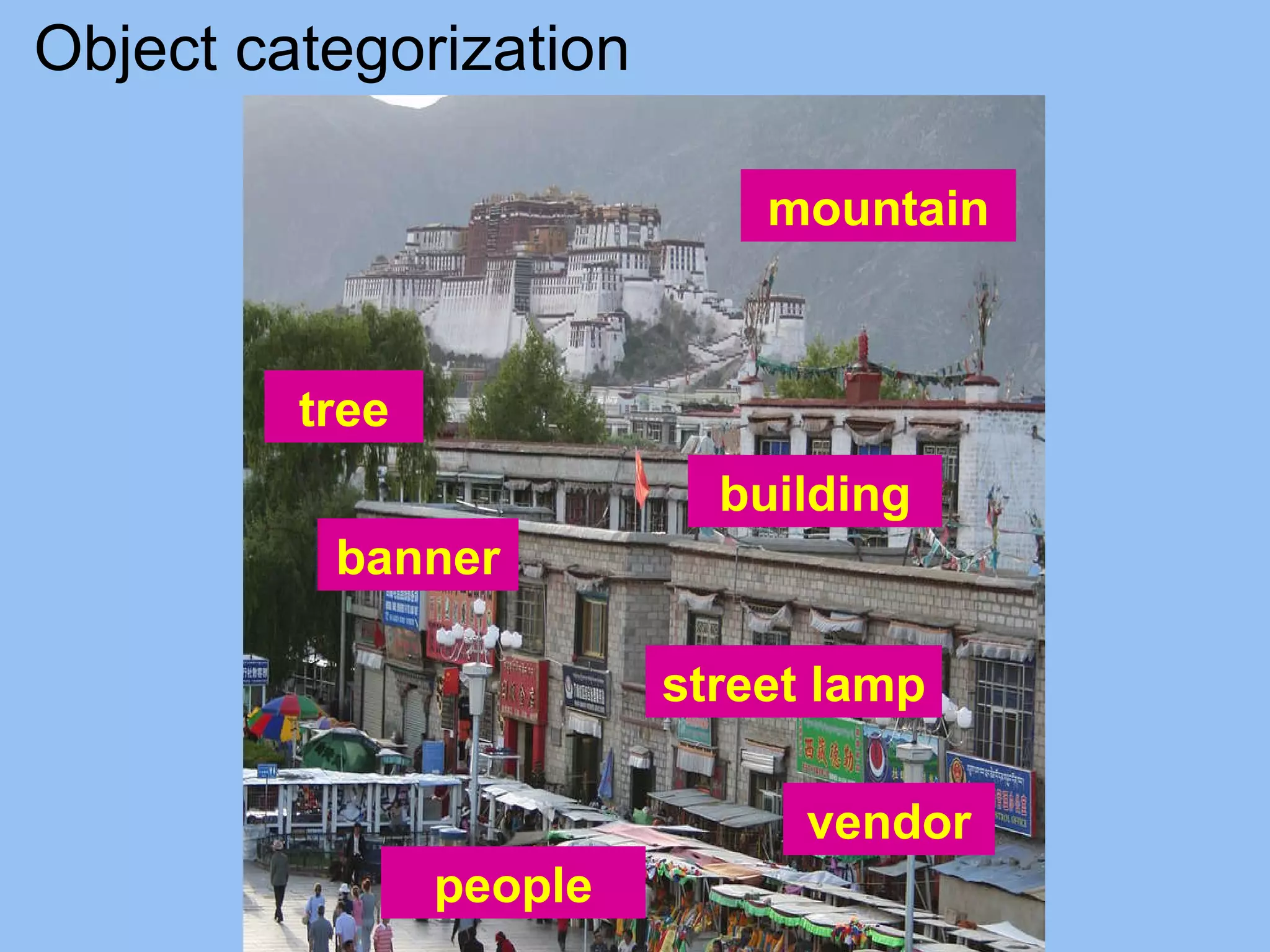 Object categorization mountain building tree banner vendor people street lamp 