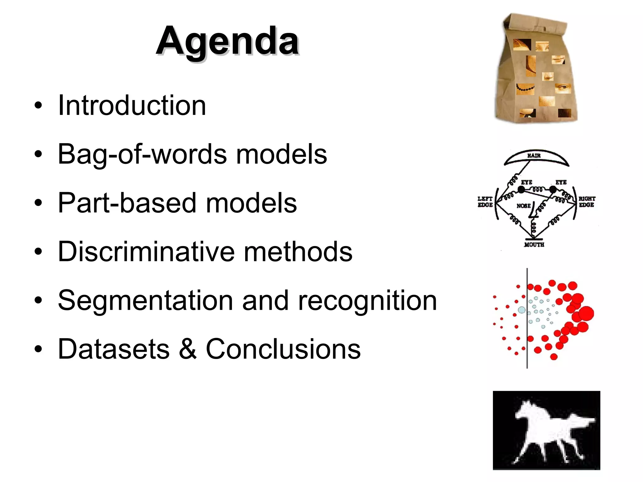 Agenda Introduction Bag-of-words models Part-based models Discriminative methods Segmentation and recognition Datasets & Conclusions 