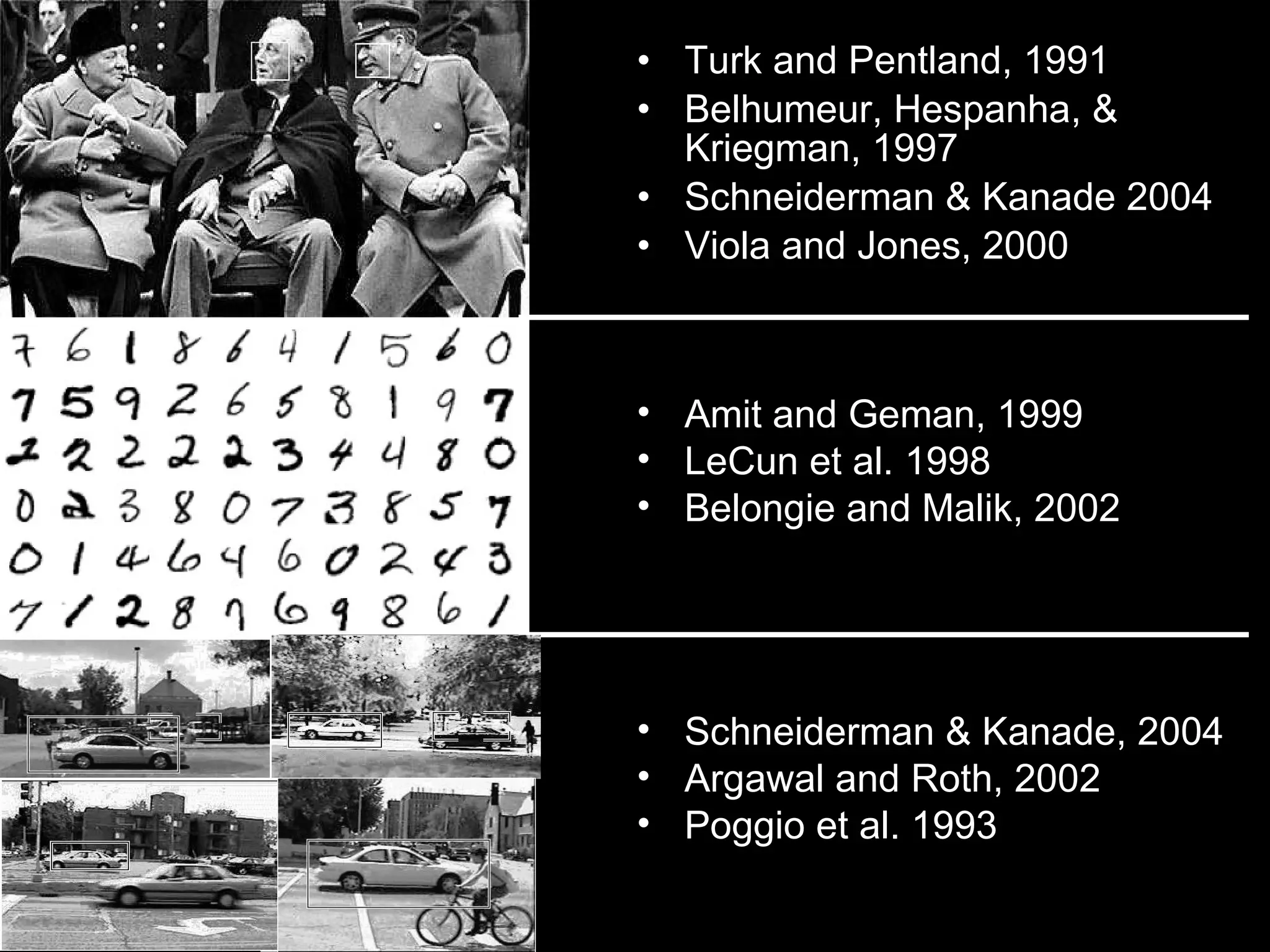 Turk and Pentland, 1991 Belhumeur, Hespanha, & Kriegman, 1997 Schneiderman & Kanade 2004 Viola and Jones, 2000 Amit and Geman, 1999 LeCun et al. 1998 Belongie and Malik, 2002 Schneiderman & Kanade, 2004 Argawal and Roth, 2002 Poggio et al. 1993 
