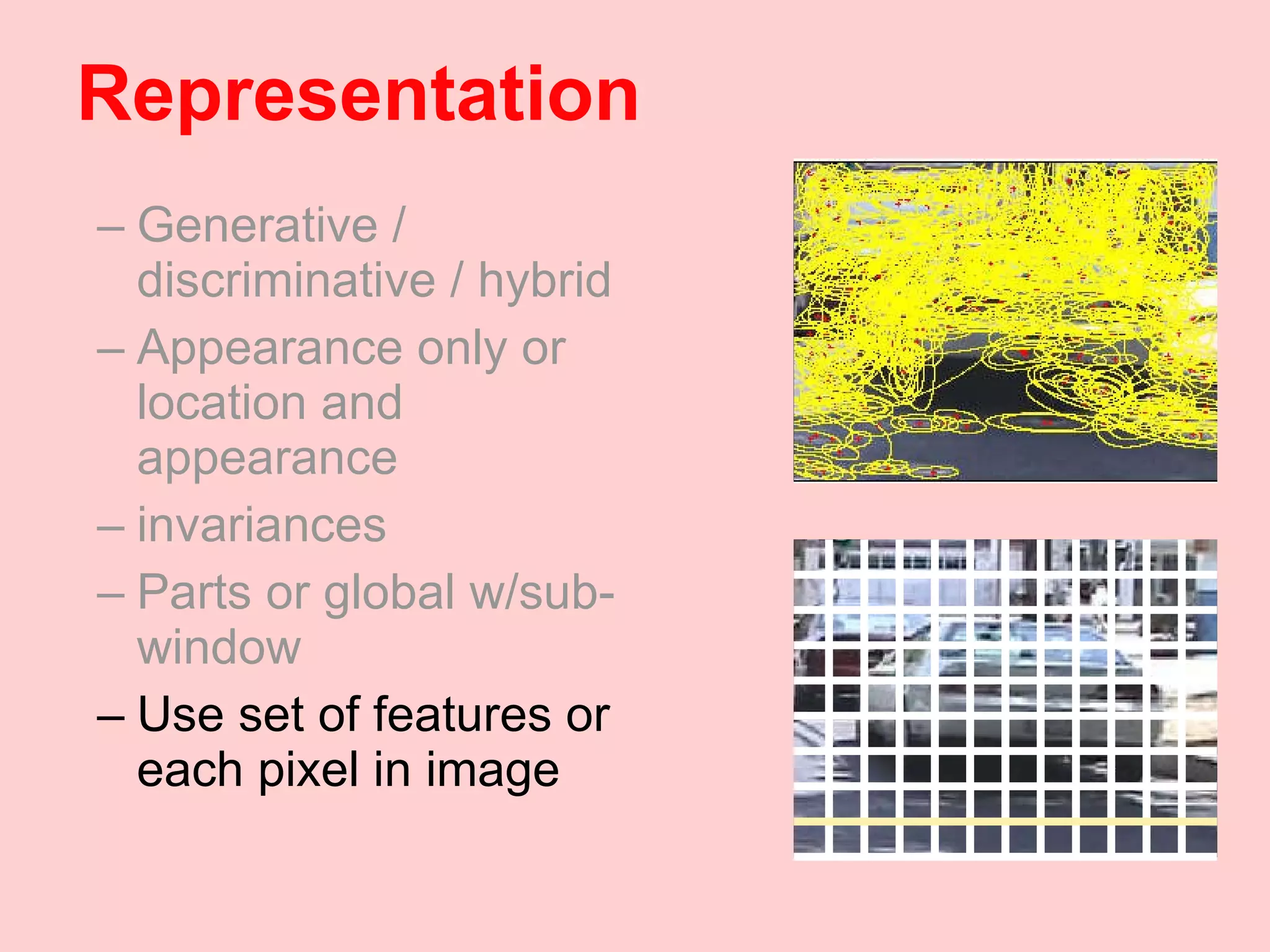 Representation Generative / discriminative / hybrid Appearance only or location and appearance invariances Parts or global w/sub-window Use set of features or each pixel in image 