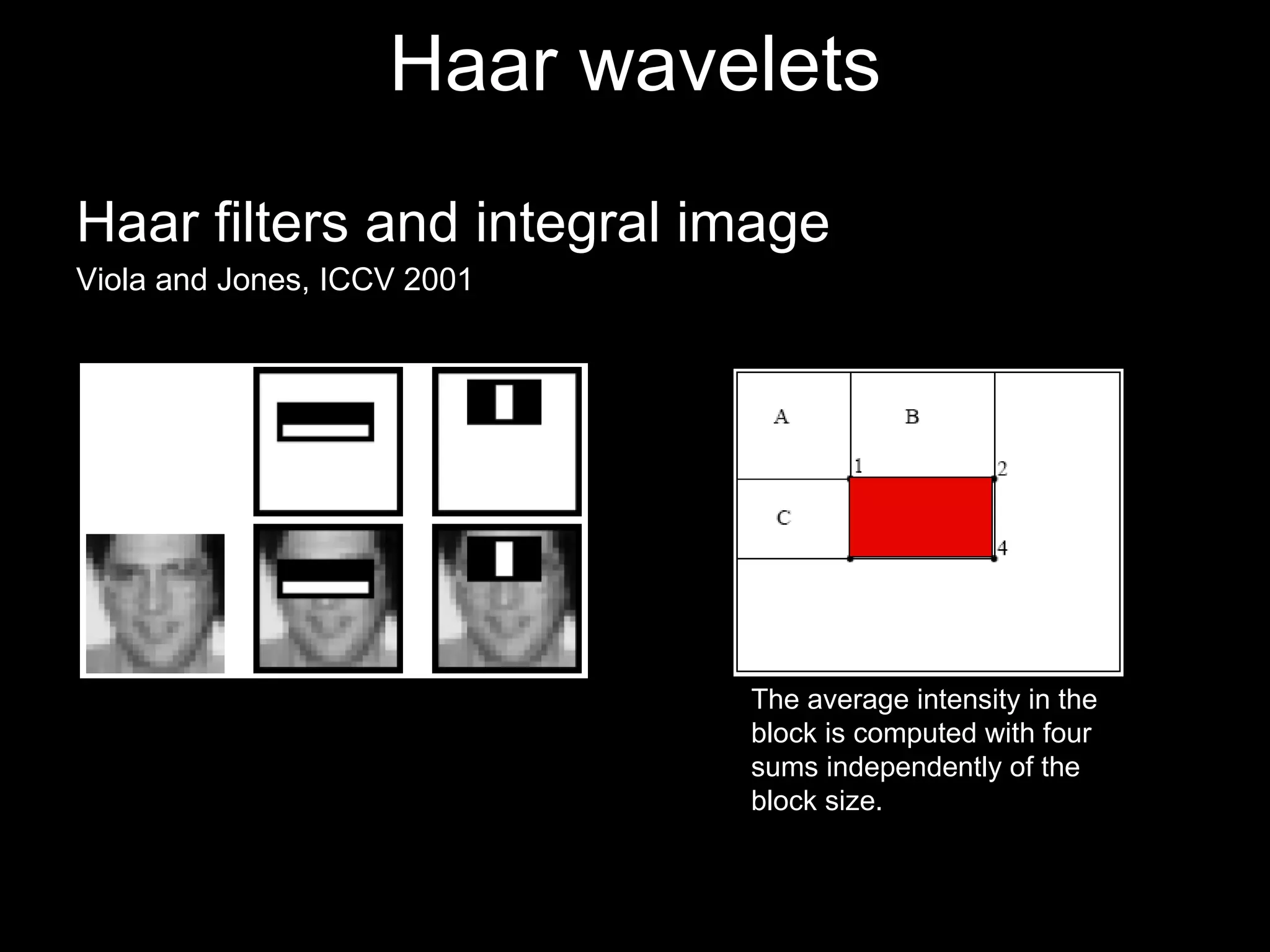 Haar wavelets Haar filters and integral image Viola and Jones, ICCV 2001 The average intensity in the block is computed with four sums independently of the block size. 