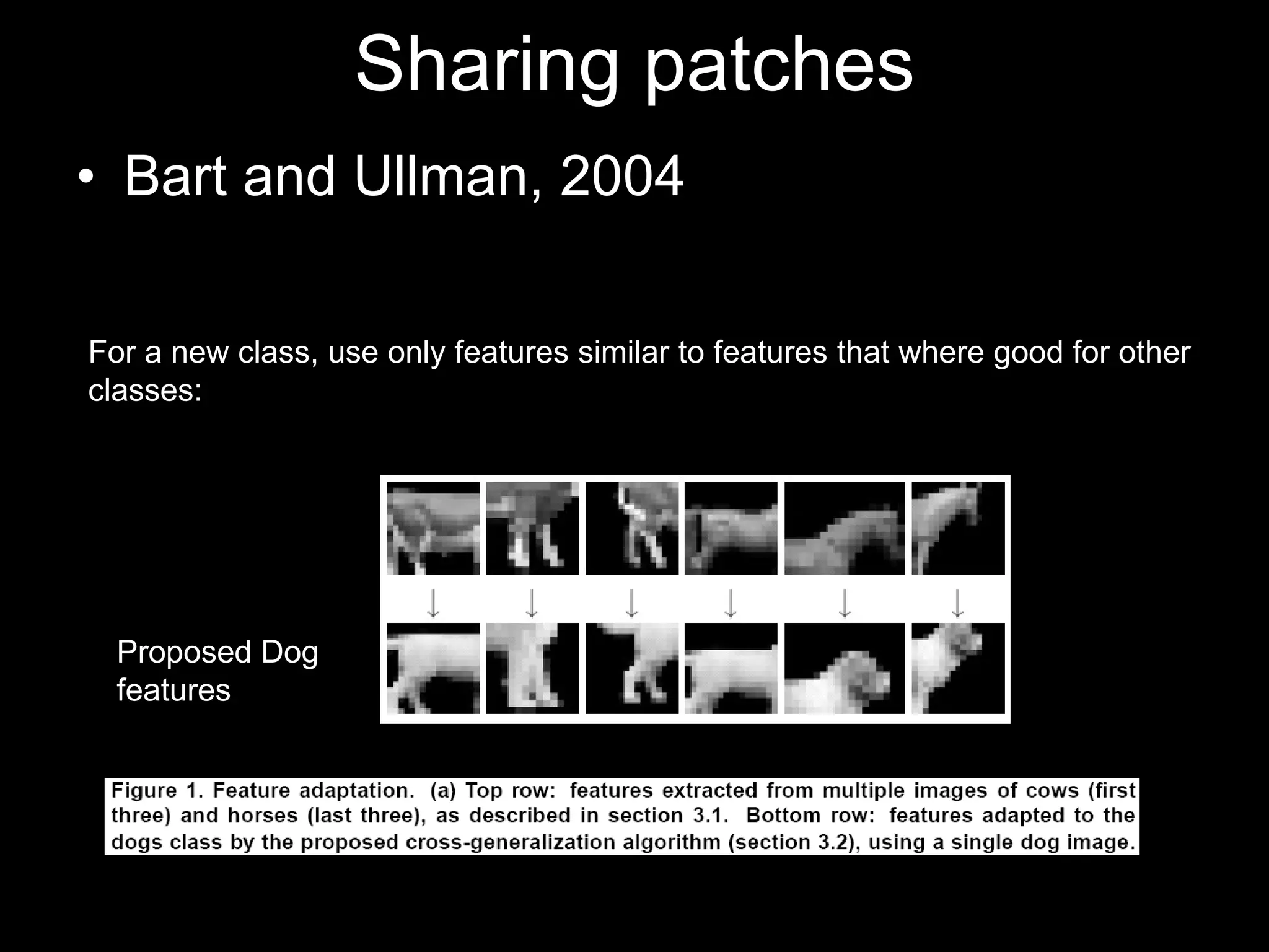 Sharing patches Bart and Ullman, 2004 For a new class, use only features similar to features that where good for other classes: Proposed Dog  features 