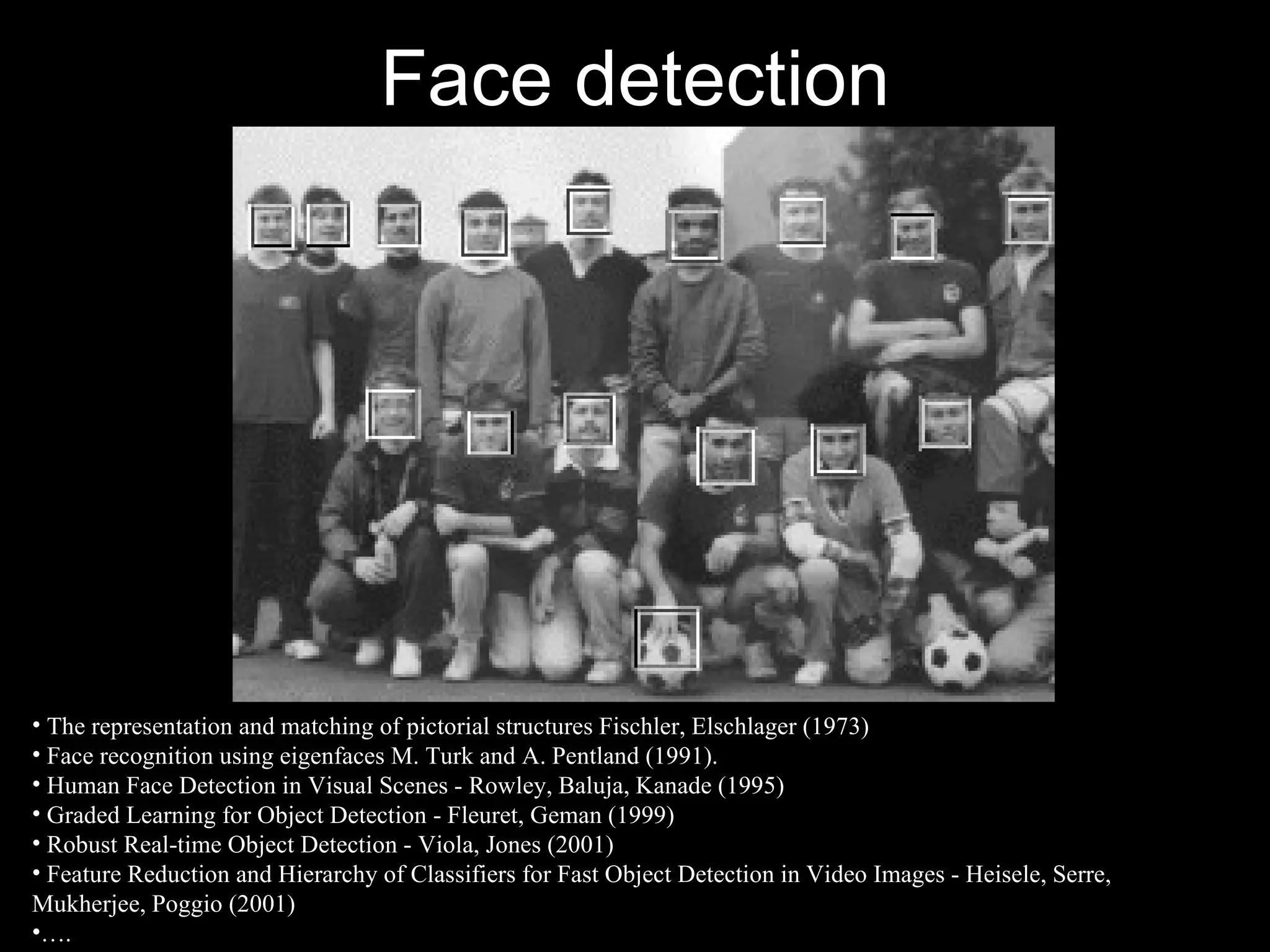 Face detection The representation and matching of pictorial structures   Fischler, Elschlager (1973) .  Face recognition using eigenfaces M. Turk and A. Pentland (1991).  Human Face Detection in Visual Scenes - Rowley, Baluja, Kanade (1995)  Graded Learning for Object Detection - Fleuret, Geman (1999)  Robust Real-time Object Detection - Viola, Jones (2001) Feature Reduction and Hierarchy of Classifiers for Fast Object Detection in Video Images - Heisele, Serre, Mukherjee, Poggio (2001) … . 