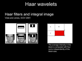 Haar wavelets Haar filters and integral image Viola and Jones, ICCV 2001 The average intensity in the block is computed with four sums independently of the block size. 