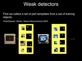 Weak detectors First we collect a set of part templates from a set of training objects. Vidal-Naquet, Ullman, Nature Neuroscience 2003 … 
