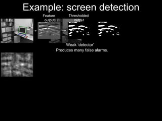 Example: screen detection Feature  output Thresholded  output Weak ‘detector’ Produces many false alarms. 