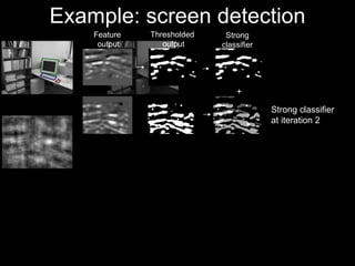 Example: screen detection + Feature  output Thresholded  output Strong classifier Strong classifier  at iteration 2 