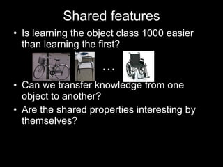 Shared features Is learning the object class 1000 easier than learning the first? Can we transfer knowledge from one object to another? Are the shared properties interesting by themselves?  … 