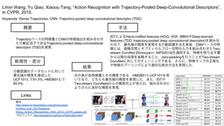 Keywords: Dense Trajectories, CNN, Trajectory-pooled deep convolutional descriptor (TDD)
新規性・差分
手法
結果
概要
Trajectoryベースの特徴量とCNNの特徴抽出を組み合わせ
た行動記述子であるTrajectory-pooled deep-convolutional
descriptor (TDD)を提案．
行動認識のデータセットに対して
最先端の精度を達成した．
UCF101にて91.5%, HMDB51にて
65.9%．
IDTによるHand-crafted features (HOG, HOF, MBH)やDeep-learned
features (TDD; trajectory-pooled deep convolutional descriptor)を組み合
わせて，最先端の精度を実現する行動認識手法を実装．CNNベースの特
徴には，画像空間とオプティカルフロー空間の入力を組み合わせたTwo-
stream ConvNet [Simonyan+, NIPS2014]を適用する．特徴を取り出す層
から以降の処理を省略すること，zero-paddingを行うことがTwo-stream
ConvNetに対してのチューニングである．さらに，特徴マップの正規化
や特徴のプーリングにより適切な統合方法を実現した．
右の表が各特徴量とその精度である．HMDB51とUCF101を用
いており，どちらも最先端の精度を実現した．また，IDTや
Two-stream ConvNetsからの精度向上が見られ，組み合わせに
よりさらに良好な精度を実現．
Limin Wang, Yu Qiao, Xiaoou Tang, “Action Recognition with Trajectory-Pooled Deep-Convolutional Descriptors”,
in CVPR, 2015.
Links
論文
http://www.cv-foundation.org/openaccess/
content_cvpr_2015/papers/
Wang_Action_Recognition_With_2015_CVPR_paper.pdf
プロジェクト http://wanglimin.github.io/tdd/index.html
 