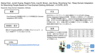 Keywords: Deep Domain Adaptation, Attribute
新規性・差分
手法
結果
概要
Fine-Grainedな衣服属性を持つ人々の特徴記述とDomain
Adaptationに関する研究．
現在までのattribute特徴をより詳細にすることにより，よ
りよい衣服のサービスに役立てられる．
記述方法としてオブジェクト由来の複数のラベルを生成するDeep
Domain Adaptation Networkを提案．RCNNによる検出により人体を切り
出し，各画像の特徴量を抽出し，source domain/target domainの転移を
計算．さらにそれぞれの層を統合することで複数の属性を推定すること
が可能になる．また，衣服に関する大規模データセットを準備し，より
詳細な属性を推定することに成功した．
右は詳細なラベル推定の正答率
を示す．従来ではできなかった
詳細属性の推定も本研究におけ
るDeep Domain Adaptationに
より可能にした．
Qiang Chen, Junshi Huang, Rogerio Feris, Lisa M. Brown, Jian Dong, Shuicheng Yan, “Deep Domain Adaptation
for Describing People Based on Fine-Grained Clothing Attributes”, in CVPR, 2015.
Links
論文 http://rogerioferis.com/publications/DDANCVPR2015.pdf
 