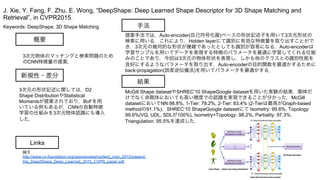 Keywords: DeepShape, 3D Shape Matching
新規性・差分
手法
結果
概要
3次元物体のマッチングと検索問題のため
のCNN特徴量の提案．
3次元の形状記述に関しては，D2
Shape DistributionやStatistical
Momentsが提案されており，BoFを用
いている例もあるが，CNNの自動特徴
学習の仕組みを3次元物体認識にも導入
した．
提案手法では，Auto-encoder(自己符号化器)ベースの形状記述子を用いて3次元形状の
検索に用いる．これにより，Hidden layerにて識別に有効な特徴量を取り出すことがで
き，3次元の幾何的な形状が複雑であったとしても識別が容易になる．Auto-encoderは
学習サンプルを用いてデータを表現する特徴のパラメータを最適に学習してくれる仕組
みのことであり，今回は3次元の物体形状を表現し，しかも他のクラスとの識別性能を
良好にするようなパラメータを取り出す．Auto-encoderの目的関数を最適かするために
back-propagation(誤差逆伝播法)を用いてパラメータを最適かする．
McGill Shape datasetやSHREC’10 ShapeGoogle datasetを用いた実験の結果，剛体だ
けでなく非剛体においても高い精度での認識を実現できることが分かった．McGill
datasetにおいてNN:98.8%, 1-Tier: 78.2%, 2-Tier: 83.4% (2-Tierは最高がGraph-based
methodの91.1%)，SHREC‘10 ShapeGoogle datasetにて Isometry: 99.8%, Topology:
99.6%(VQ, UDL, SDLが100%), Isometry+Topology: 98.2%, Partiality: 97.3%,
Triangulation: 95.5%を達成した．
J. Xie, Y. Fang, F. Zhu, E. Wong, “DeepShape: Deep Learned Shape Descriptor for 3D Shape Matching and
Retrieval”, in CVPR2015.
Links
論文
http://www.cv-foundation.org/openaccess/content_cvpr_2015/papers/
Xie_DeepShape_Deep_Learned_2015_CVPR_paper.pdf
 
