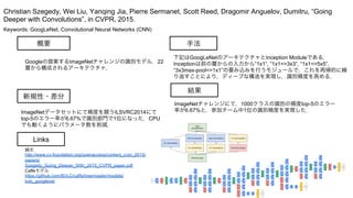 Keywords: GoogLeNet, Convolutional Neural Networks (CNN)
新規性・差分
手法
結果
概要
Googleの提案するImageNetチャレンジの識別モデル．22
層から構成されるアーキテクチャ．
ImageNetデータセットにて精度を競うILSVRC2014にて
top-5のエラー率が6.67%で識別部門で1位になった．CPU
でも動くようにパラメータ数を削減．
下記はGoogLeNetのアーキテクチャとInception Moduleである．
Inceptionは前の層からの入力から”1x1”, ”1x1=>3x3”, “1x1=>5x5”,
“3x3max-pool=>1x1”の畳み込みを行うモジュールで，これを再帰的に繰
り返すことにより，ディープな構造を実現し，識別精度を高める．
ImageNetチャレンジにて，1000クラスの識別の精度top-5のエラー
率が6.67%と，参加チーム中1位の識別精度を実現した．
Christian Szegedy, Wei Liu, Yanqing Jia, Pierre Sermanet, Scott Reed, Dragomir Anguelov, Dumitru, “Going
Deeper with Convolutions”, in CVPR, 2015.
Links
論文
http://www.cv-foundation.org/openaccess/content_cvpr_2015/
papers/
Szegedy_Going_Deeper_With_2015_CVPR_paper.pdf
Caffeモデル
https://github.com/BVLC/caffe/tree/master/models/
bvlc_googlenet
 