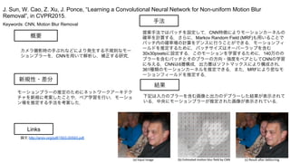 Keywords: CNN, Motion Blur Removal
新規性・差分
手法
結果
概要
カメラ撮影時の手ぶれなどにより発生する不規則なモー
ションブラーを，CNNを用いて解析し，補正する研究．
モーションブラーの推定のためにネットワークアーキテク
チャを新規に考案したことや，ペア学習を行い，モーショ
ン場を推定する手法を考案した．
提案手法ではパッチを設定して，CNN特徴によりモーションカーネルの
確率を計算する．さらに，Markov Random Field (MRF)も用いることで
パッチ内の確率場の計算をデンスに行うことができる．モーションフィ
ールドを推定するために，パッチサイズはオーバーラップを含む
30x30pixelsに設定する．このモーションを学習するために，140万のの
ブラーを含むパッチとそのブラーの方向・強度をペアとしてCNNの学習
に与える．CNNは6層構成，出力層はソフトマックスにより構成され，
361種類のモーションカーネルを推定できる．また，MRFにより密なモ
ーションフィールドを推定する．
下記は入力のブラーを含む画像と出力のデブラーした結果が表示されて
いる．中央にモーションブラーが推定された画像が表示されている．
J. Sun, W. Cao, Z. Xu, J. Ponce, “Learning a Convolutional Neural Network for Non-uniform Motion Blur
Removal”, in CVPR2015.
Links
論文 http://arxiv.org/pdf/1503.00593.pdf
 