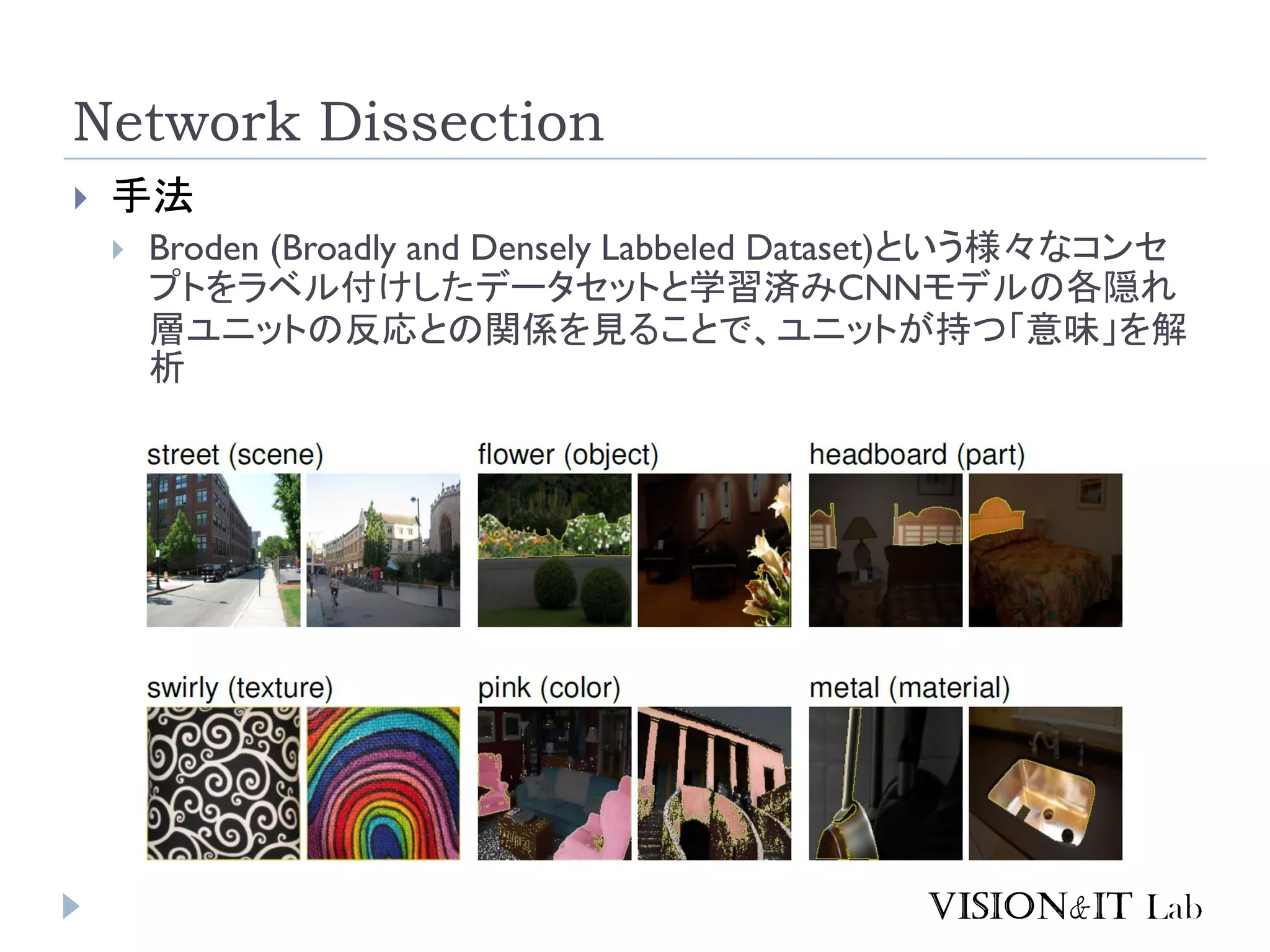Network Dissection
 手法
 Broden (Broadly and Densely Labbeled Dataset)という様々なコンセ
プトをラベル付けしたデータセットと学習済みCNNモデルの各隠れ
層ユニットの反応との関係を見ることで、ユニットが持つ「意味」を解
析
 