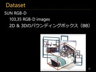 Dataset
12
SUN RGB-D
103,35 RGB-D images
2D & 3Dのバウンディングボックス（BB）
 