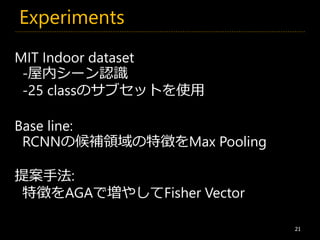Experiments
21
MIT Indoor dataset
-屋内シーン認識
-25 classのサブセットを使用
Base line:
RCNNの候補領域の特徴をMax Pooling
提案手法:
特徴をAGAで増やしてFisher Vector
 
