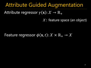 Attribute Guided Augmentation
7
Attribute regressor 𝛾 𝐱 : 𝒳 → ℝ+
Feature regressor 𝜙 𝐱, 𝑡 : 𝒳 × ℝ+ → 𝒳
𝒳: feature space (an object)
 