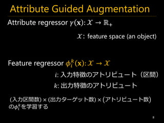 Attribute Guided Augmentation
8
Attribute regressor 𝛾 𝐱 : 𝒳 → ℝ+
Feature regressor 𝜙𝑖
𝑘
𝐱 : 𝒳 → 𝒳
𝑖: 入力特徴のアトリビュート（区間）
𝑘: 出力特徴のアトリビュート
𝒳: feature space (an object)
入力区間数 × 出力ターゲット数 × アトリビュート数
の𝜙𝑖
𝑘
を学習する
 