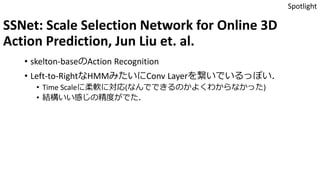 SSNet: Scale Selection Network for Online 3D
Action Prediction, Jun Liu et. al.
• skelton-baseのAction Recognition
• Left-to-RightなHMMみたいにConv Layerを繋いでいるっぽい．
• Time Scaleに柔軟に対応(なんでできるのかよくわからなかった)
• 結構いい感じの精度がでた．
Spotlight
 