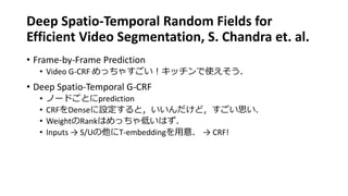 Deep Spatio-Temporal Random Fields for
Efficient Video Segmentation, S. Chandra et. al.
• Frame-by-Frame Prediction
• Video G-CRF めっちゃすごい！キッチンで使えそう．
• Deep Spatio-Temporal G-CRF
• ノードごとにprediction
• CRFをDenseに設定すると，いいんだけど，すごい思い．
• WeightのRankはめっちゃ低いはず．
• Inputs → S/Uの他にT-embeddingを用意． → CRF!
 