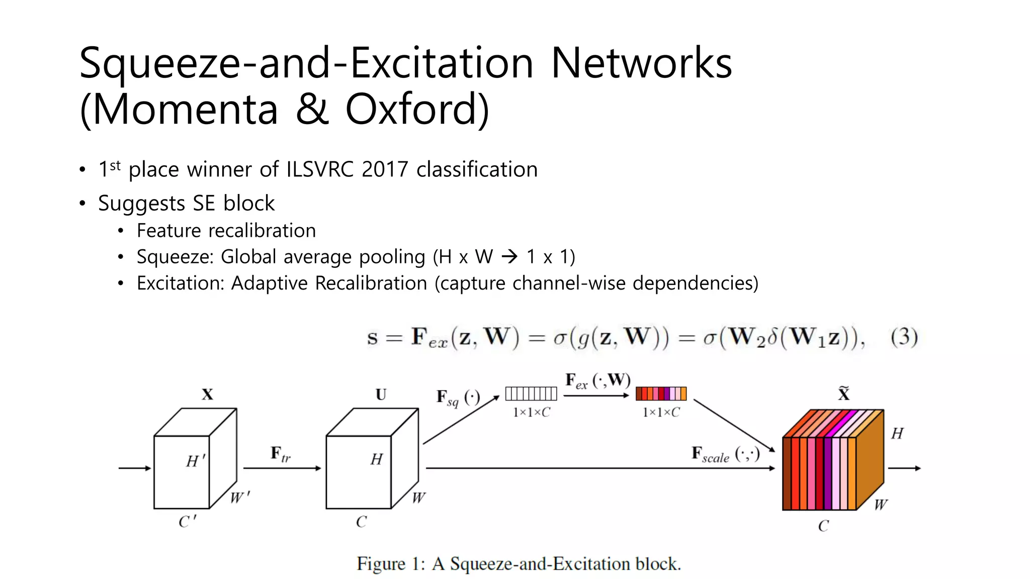 Squeeze-and-Excitation Networks
(Momenta & Oxford)
• 1st place winner of ILSVRC 2017 classification
• Suggests SE block
• Feature recalibration
• Squeeze: Global average pooling (H x W  1 x 1)
• Excitation: Adaptive Recalibration (capture channel-wise dependencies)
 