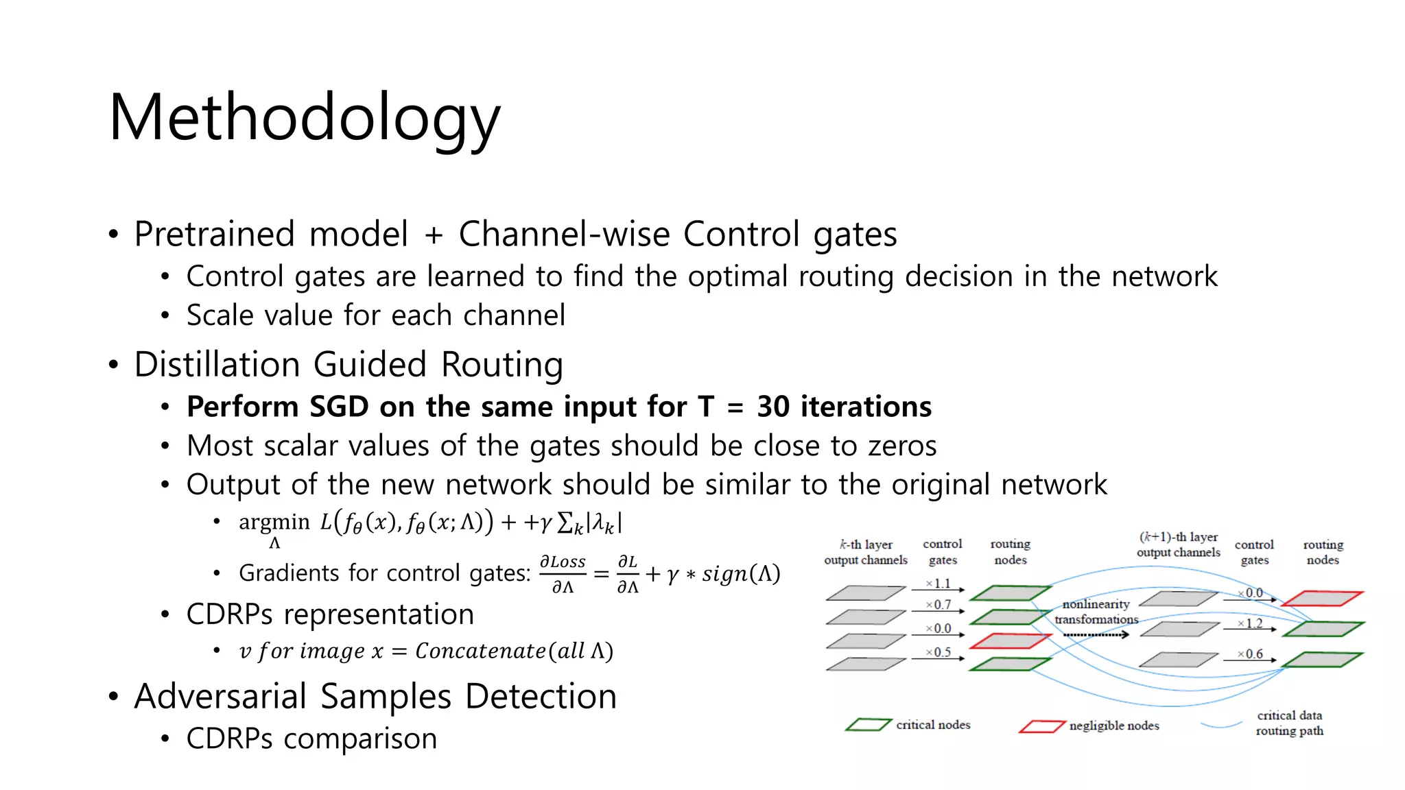 Methodology
• Pretrained model + Channel-wise Control gates
• Control gates are learned to find the optimal routing decision in the network
• Scale value for each channel
• Distillation Guided Routing
• Perform SGD on the same input for T = 30 iterations
• Most scalar values of the gates should be close to zeros
• Output of the new network should be similar to the original network
• argmin
Λ
𝐿 𝑓𝜃 𝑥 , 𝑓𝜃 𝑥; Λ + +𝛾 𝑘 𝜆 𝑘
• Gradients for control gates:
𝜕𝐿𝑜𝑠𝑠
𝜕Λ
=
𝜕𝐿
𝜕Λ
+ 𝛾 ∗ 𝑠𝑖𝑔𝑛 Λ
• CDRPs representation
• 𝑣 𝑓𝑜𝑟 𝑖𝑚𝑎𝑔𝑒 𝑥 = 𝐶𝑜𝑛𝑐𝑎𝑡𝑒𝑛𝑎𝑡𝑒(𝑎𝑙𝑙 Λ)
• Adversarial Samples Detection
• CDRPs comparison
 