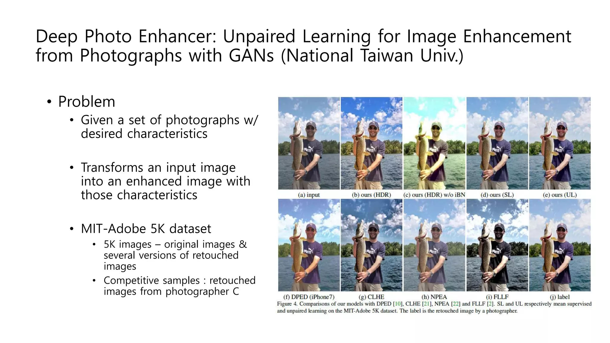 Deep Photo Enhancer: Unpaired Learning for Image Enhancement
from Photographs with GANs (National Taiwan Univ.)
• Problem
• Given a set of photographs w/
desired characteristics
• Transforms an input image
into an enhanced image with
those characteristics
• MIT-Adobe 5K dataset
• 5K images – original images &
several versions of retouched
images
• Competitive samples : retouched
images from photographer C
 
