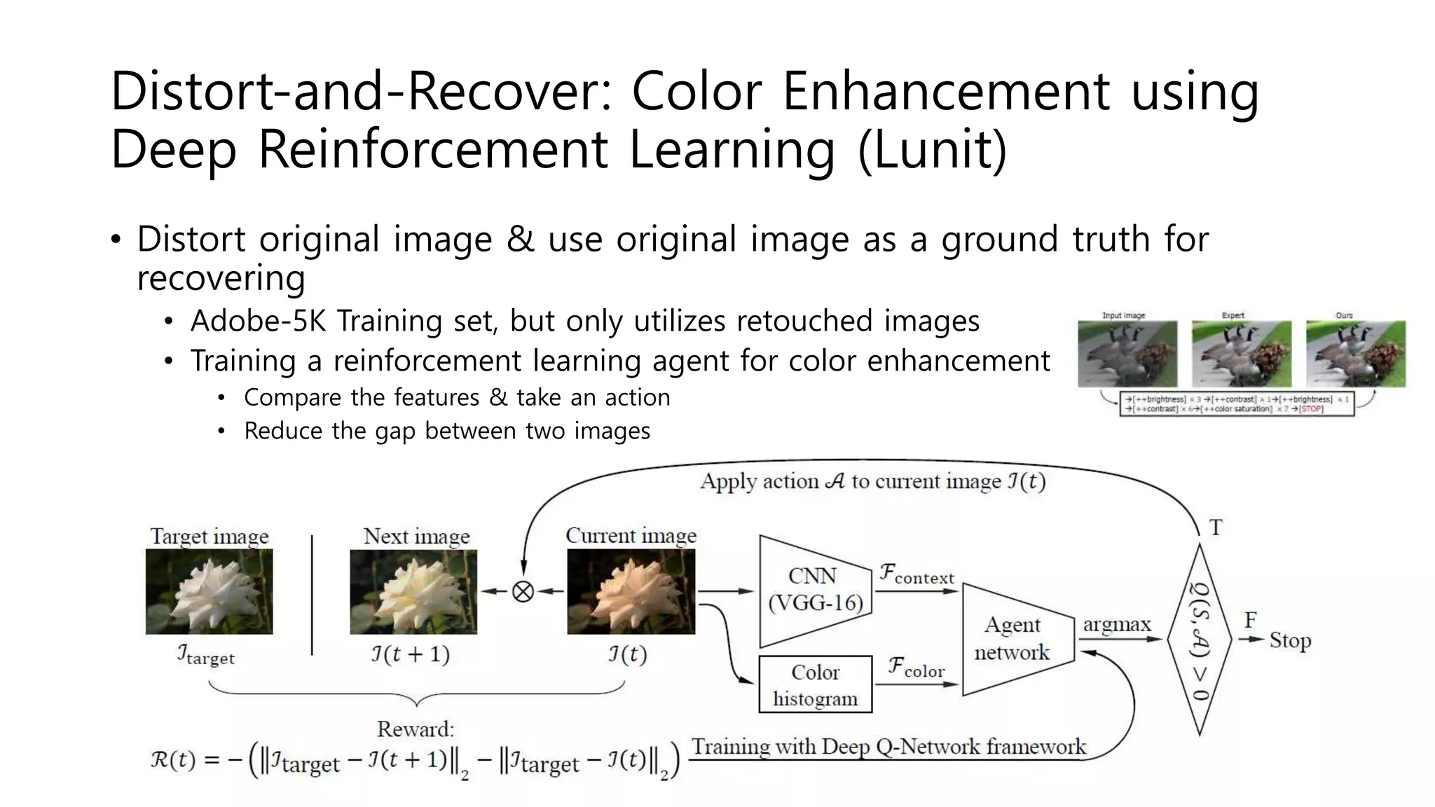 Distort-and-Recover: Color Enhancement using
Deep Reinforcement Learning (Lunit)
• Distort original image & use original image as a ground truth for
recovering
• Adobe-5K Training set, but only utilizes retouched images
• Training a reinforcement learning agent for color enhancement
• Compare the features & take an action
• Reduce the gap between two images
 