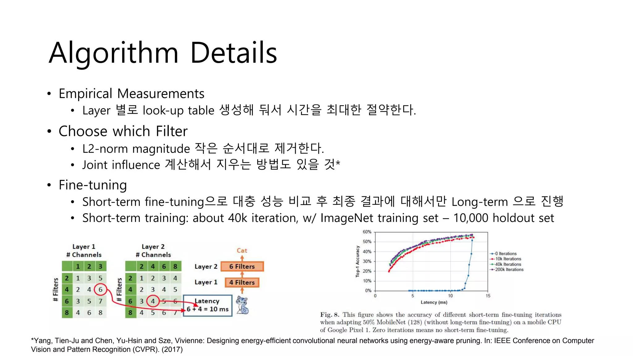Algorithm Details
• Empirical Measurements
• Layer 별로 look-up table 생성해 둬서 시간을 최대한 절약한다.
• Choose which Filter
• L2-norm magnitude 작은 순서대로 제거한다.
• Joint influence 계산해서 지우는 방법도 있을 것*
• Fine-tuning
• Short-term fine-tuning으로 대충 성능 비교 후 최종 결과에 대해서만 Long-term 으로 진행
• Short-term training: about 40k iteration, w/ ImageNet training set – 10,000 holdout set
*Yang, Tien-Ju and Chen, Yu-Hsin and Sze, Vivienne: Designing energy-efficient convolutional neural networks using energy-aware pruning. In: IEEE Conference on Computer
Vision and Pattern Recognition (CVPR). (2017)
 