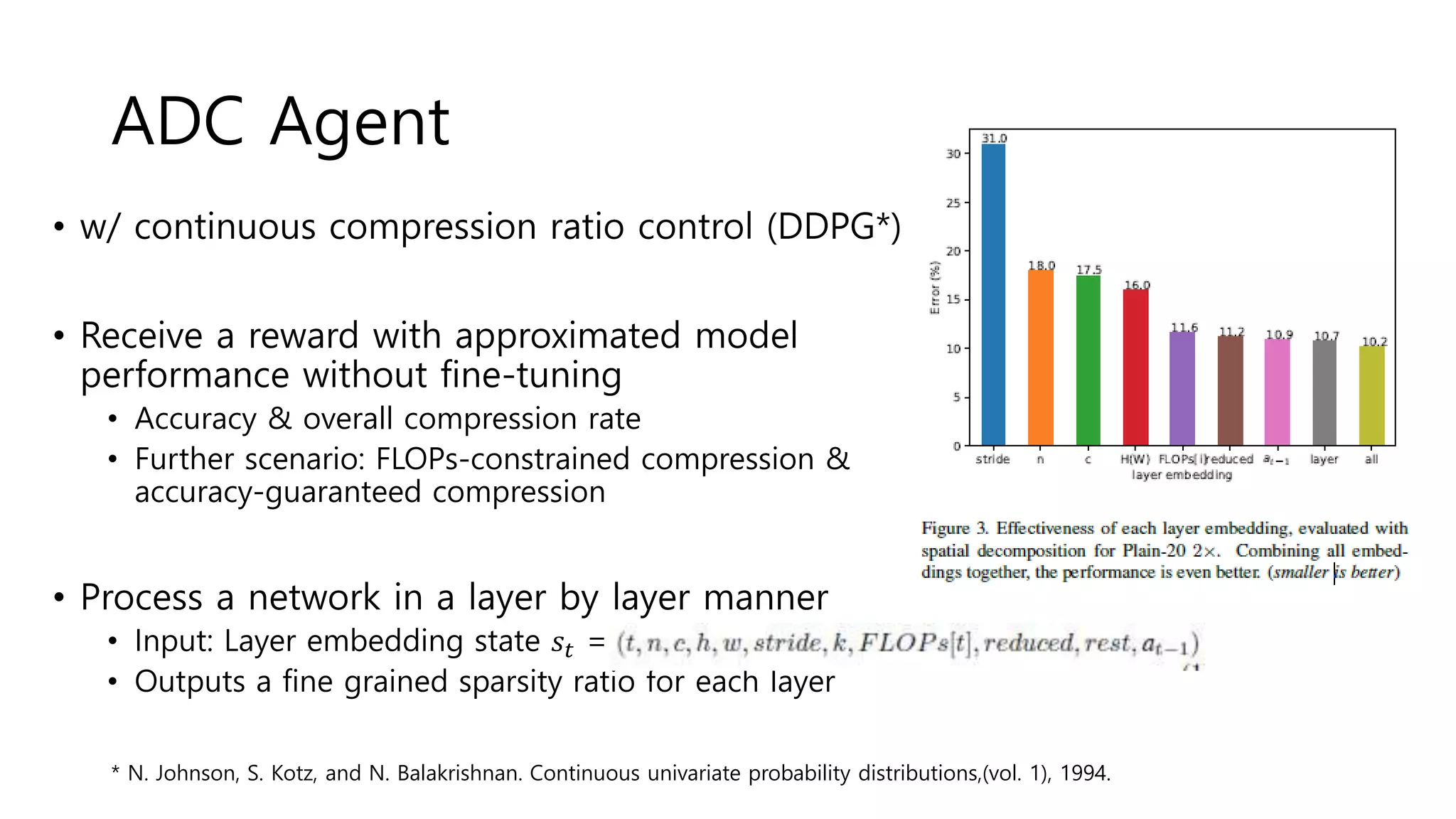 ADC Agent
• w/ continuous compression ratio control (DDPG*)
• Receive a reward with approximated model
performance without fine-tuning
• Accuracy & overall compression rate
• Further scenario: FLOPs-constrained compression &
accuracy-guaranteed compression
• Process a network in a layer by layer manner
• Input: Layer embedding state 𝑠𝑡 =
• Outputs a fine grained sparsity ratio for each layer
* N. Johnson, S. Kotz, and N. Balakrishnan. Continuous univariate probability distributions,(vol. 1), 1994.
 
