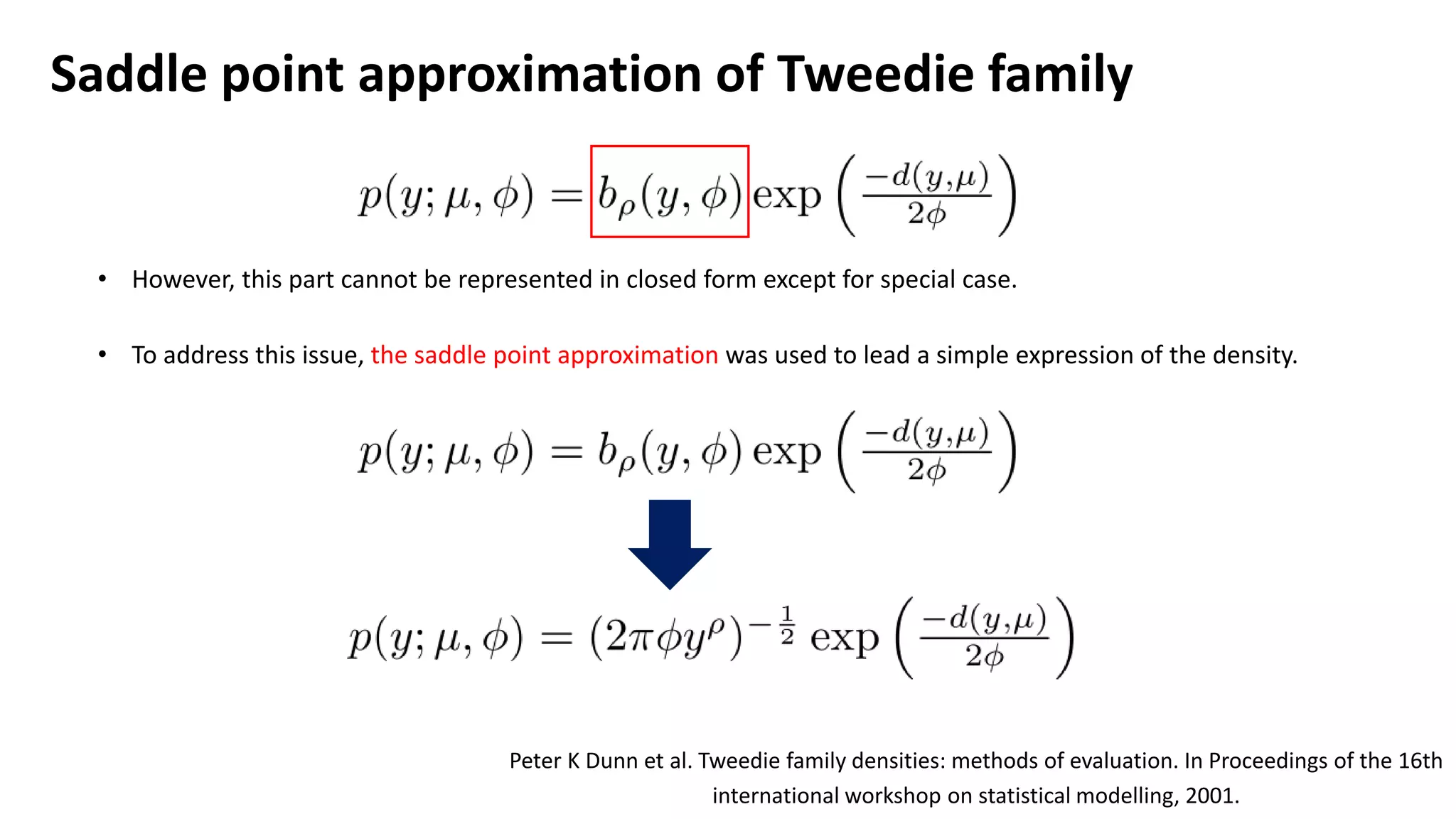 Saddle point approximation of Tweedie family
• However, this part cannot be represented in closed form except for special case.
• To address this issue, the saddle point approximation was used to lead a simple expression of the density.
Peter K Dunn et al. Tweedie family densities: methods of evaluation. In Proceedings of the 16th
international workshop on statistical modelling, 2001.
 