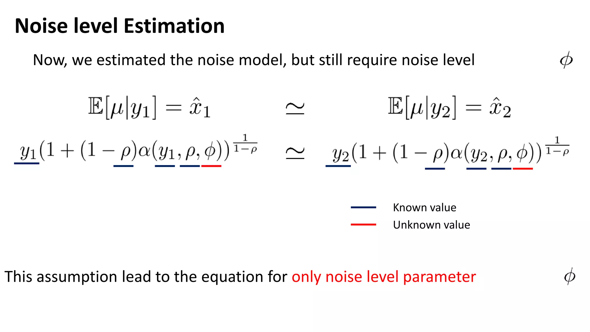 Noise level Estimation
Known value
Unknown value
This assumption lead to the equation for only noise level parameter
Now, we estimated the noise model, but still require noise level
 