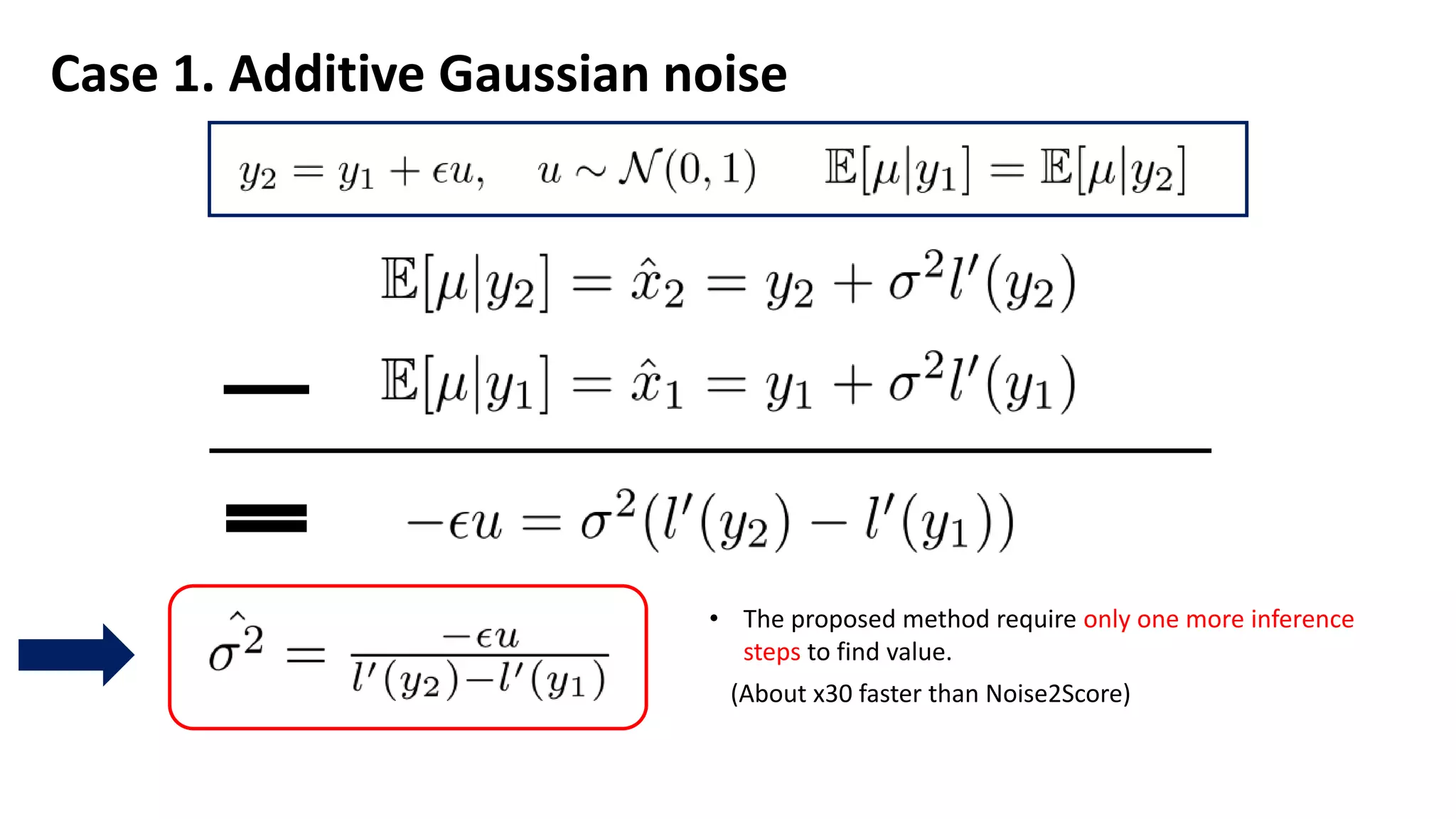 Case 1. Additive Gaussian noise
• The proposed method require only one more inference
steps to find value.
(About x30 faster than Noise2Score)
 