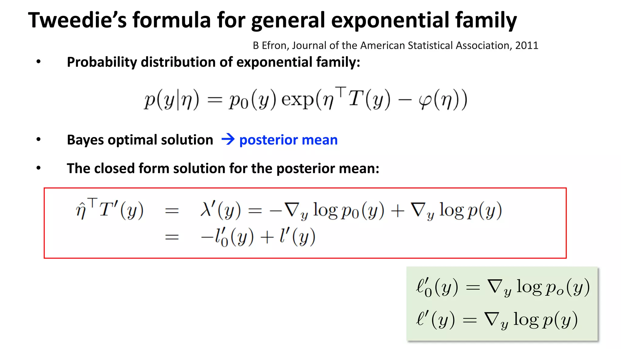 Tweedie’s formula for general exponential family
• The closed form solution for the posterior mean:
• Bayes optimal solution  posterior mean
• Probability distribution of exponential family:
B Efron, Journal of the American Statistical Association, 2011
 