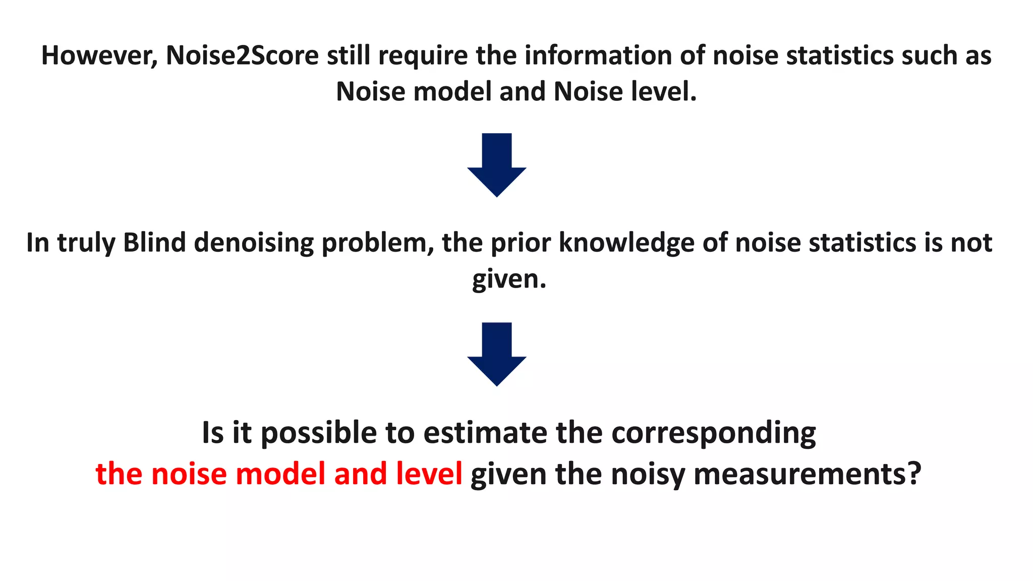 However, Noise2Score still require the information of noise statistics such as
Noise model and Noise level.
Is it possible to estimate the corresponding
the noise model and level given the noisy measurements?
In truly Blind denoising problem, the prior knowledge of noise statistics is not
given.
 