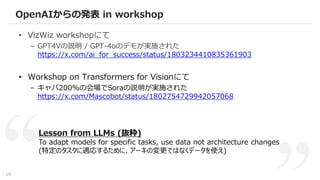 19
• VizWiz workshopにて
– GPT4Vの説明 / GPT-4oのデモが実施された
https://x.com/ai_for_success/status/1803234410835361903
• Workshop on Transformers for Visionにて
– キャパ200%の会場でSoraの説明が実施された
https://x.com/Mascobot/status/1802754729942057068
OpenAIからの発表 in workshop
Lesson from LLMs (抜粋)
To adapt models for specific tasks, use data not architecture changes
(特定のタスクに適応するために、アーキの変更ではなくデータを使え)
 