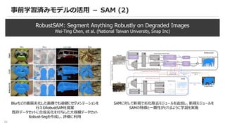 26
事前学習済みモデルの活用 － SAM (2)
RobustSAM: Segment Anything Robustly on Degraded Images
Wei-Ting Chen, et al. (National Taiwan University, Snap Inc)
Blurなどの画質劣化した画像でも頑健にセグメンテーションを
行えるRobustSAMを提案
既存データセットに合成劣化を付与した大規模データセット
Robust-Segを作成し、評価に利用
SAMに対して新規で劣化除去モジュールを追加し、新規モジュールを
SAMの特徴と一貫性がとれるように学習を実施
 
