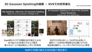 56
3D Gaussian Splattingの進展 － NVSでの定常進化
Mip-Splatting: Alias-free 3D Gaussian Splatting
Zehao Yu, et al. (University of Tubingen et al.)
4D Gaussian Splatting for Real-Time Dynamic
Scene Rendering
Guanjun Wu, et al. (HUST et al.)
Zoom時のエイリアス問題を3D平滑化フィルタと
2D Mipフィルタを導入することで解決
様々なスケールで高品質なレンダリングを実現
3Dガウス分布と4Dニューラルボクセルを用いて、
動的シーンの形状と時間変化を正確にモデル化
高品質な動的シーンレンダリングをリアルタイムに実現
※NVS: Novel View Synthesis
NeRFと同様の進化を3DGS版で焼き直す
 