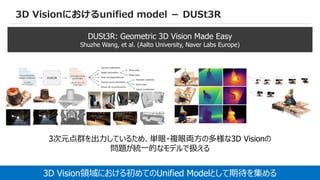 62
3D Visionにおけるunified model － DUSt3R
DUSt3R: Geometric 3D Vision Made Easy
Shuzhe Wang, et al. (Aalto University, Naver Labs Europe)
3D Vision領域における初めてのUnified Modelとして期待を集める
3次元点群を出力しているため、単眼・複眼両方の多様な3D Visionの
問題が統一的なモデルで扱える
 