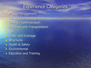 Experience Categories Project Management Construction Management Contract Administration Highways and Transportation Rail Water and Drainage Structures Health & Safety Environmental Education and Training 