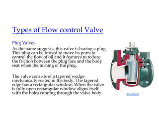 Types of Flow control Valve
Plug Valve:-
As the name suggests, this valve is having a plug.
This plug can be turned to move its ports to
control the flow of oil and it features to reduce
the friction between the plug face and the body
seat when the turning of the plug.
The valve consists of a tapered wedge
mechanically seated in the body. The tapered
edge has a rectangular window. When the valve
is fully open rectangular window aligns itself
with the holes running through the valve body. Animation
 