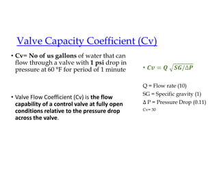 Valve Capacity Coefficient (Cv)
• Cv= No of us gallons of water that can
flow through a valve with 1 psi drop in
pressure at 60 °F for period of 1 minute
• Valve Flow Coefficient (Cv) is the flow
capability of a control valve at fully open
conditions relative to the pressure drop
across the valve.
•
Q = Flow rate (10)
SG = Specific gravity (1)
P = Pressure Drop (0.11)
Cv= 30
 