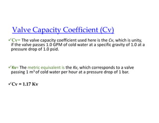 Valve Capacity Coefficient (Cv)
Cv= The valve capacity coefficient used here is the Cv, which is unity,
if the valve passes 1.0 GPM of cold water at a specific gravity of 1.0 at a
pressure drop of 1.0 psid.
Kv= The metric equivalent is the Kv, which corresponds to a valve
passing 1 m3 of cold water per hour at a pressure drop of 1 bar.
Cv = 1.17 Kv
 