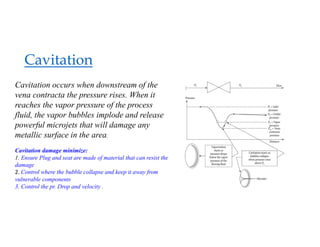 Cavitation
Cavitation occurs when downstream of the
vena contracta the pressure rises. When it
reaches the vapor pressure of the process
fluid, the vapor bubbles implode and release
powerful microjets that will damage any
metallic surface in the area.
Cavitation damage minimize:
1. Ensure Plug and seat are made of material that can resist the
damage
2. Control where the bubble collapse and keep it away from
vulnerable components
3. Control the pr. Drop and velocity .
 