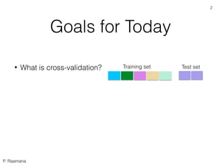 P. Raamana
Goals for Today
• What is cross-validation? Training set Test set
2
 